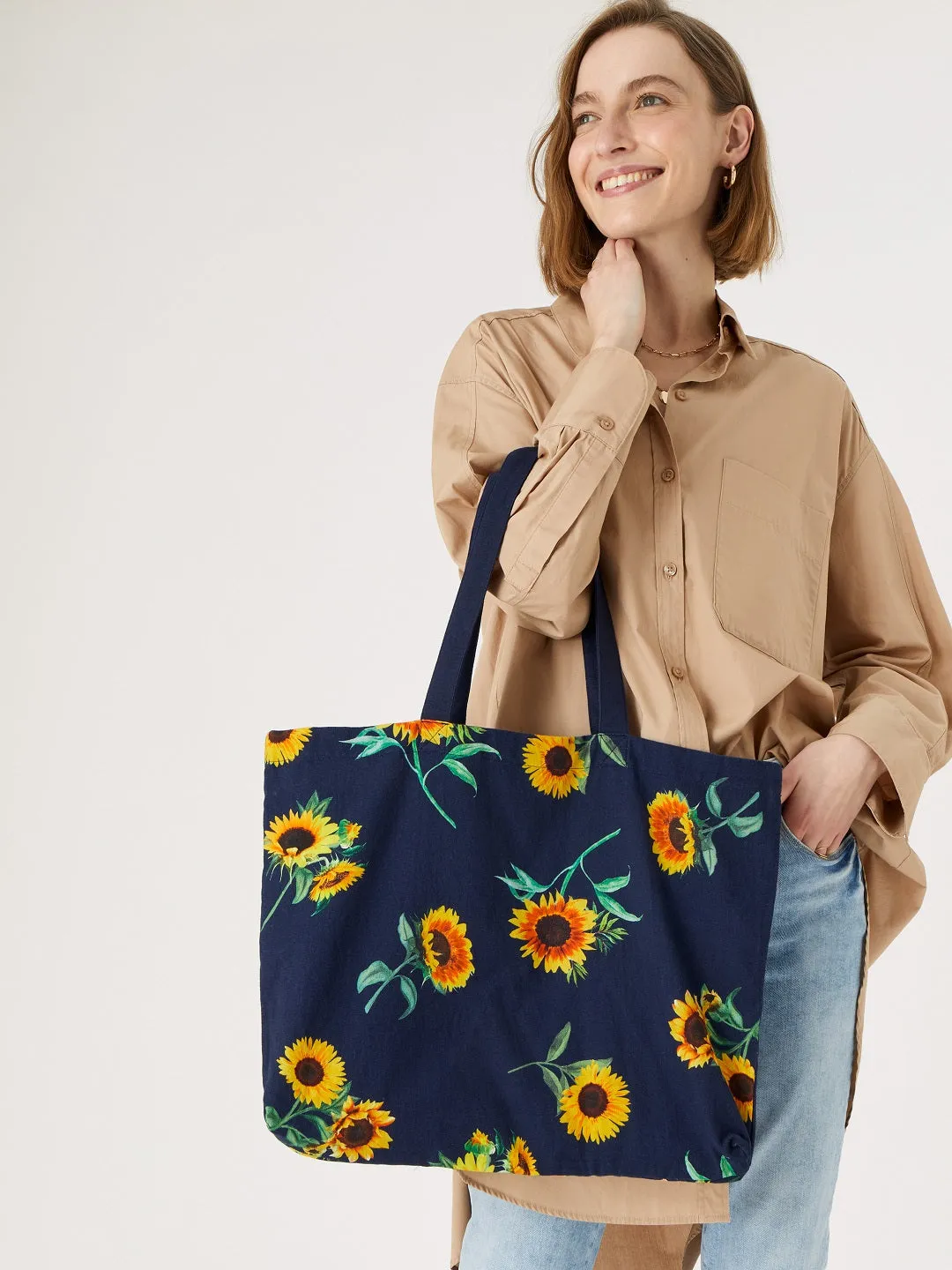 Accessorize London women's Blue Fabric Sunflower Canvas Shopper bag