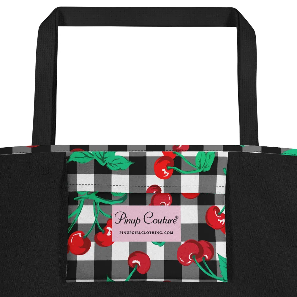 Bethany Cherry Girl Black Gingham Print Oversized Tote Bag | Pinup Couture Relaxed