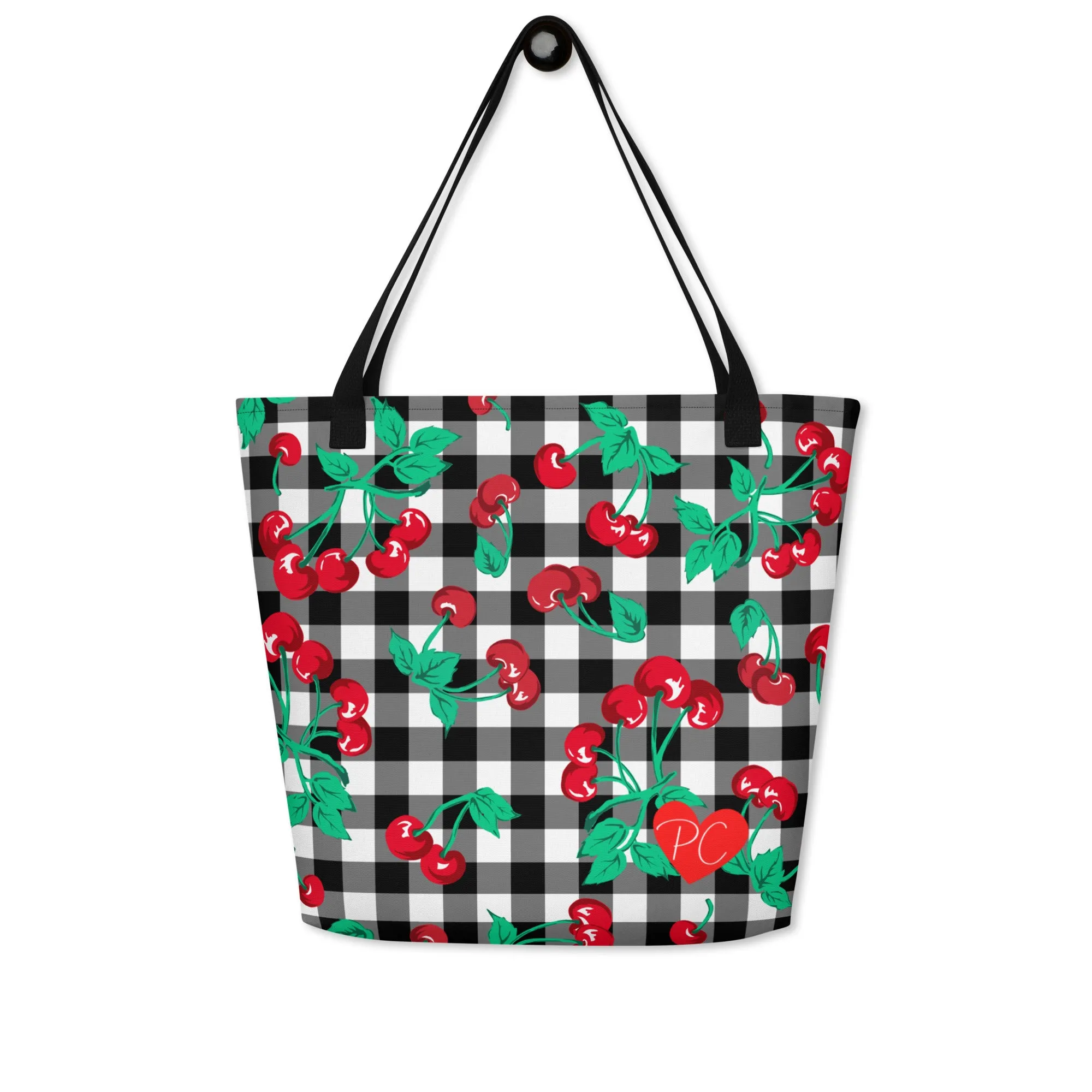 Bethany Cherry Girl Black Gingham Print Oversized Tote Bag | Pinup Couture Relaxed