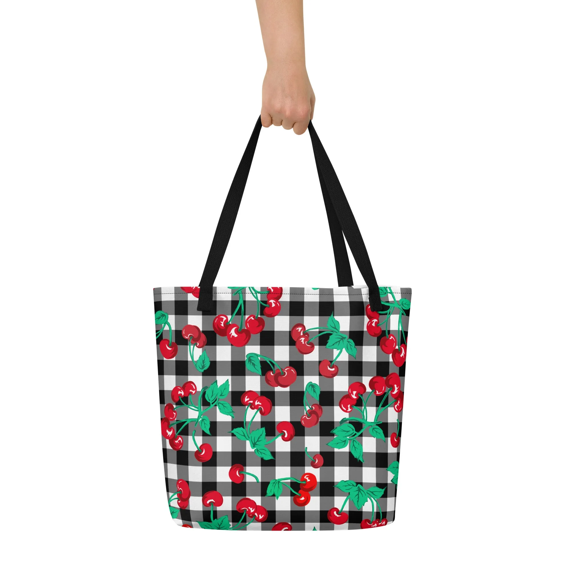 Bethany Cherry Girl Black Gingham Print Oversized Tote Bag | Pinup Couture Relaxed