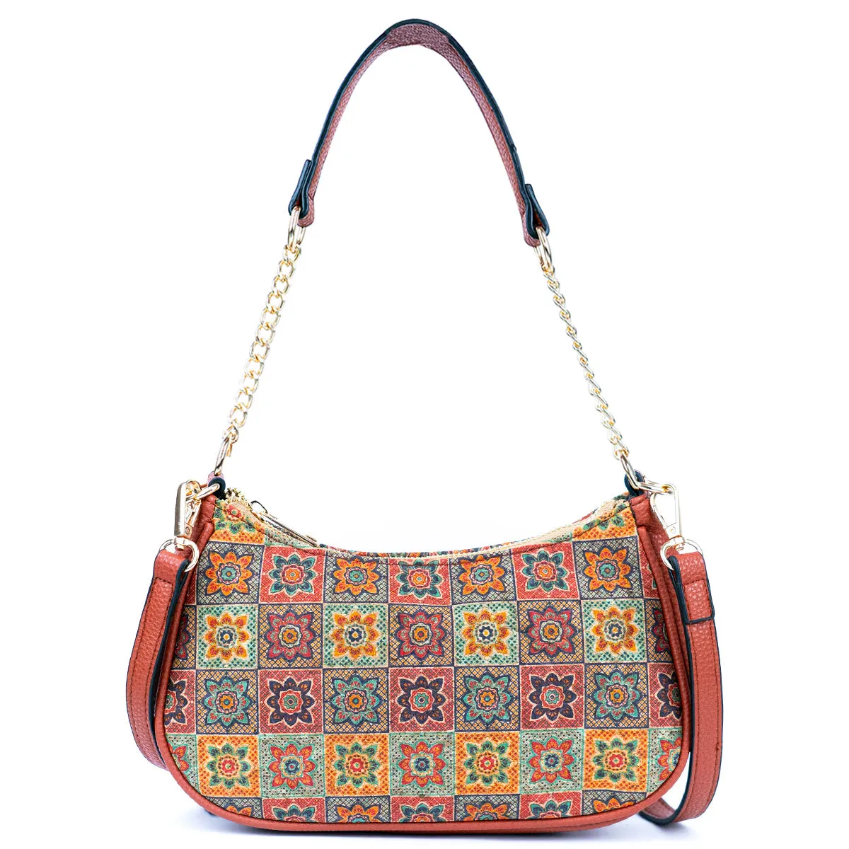 Bohemian Chic Printed Cork & Brown PU Leather Crossbody Bag BAG-2336