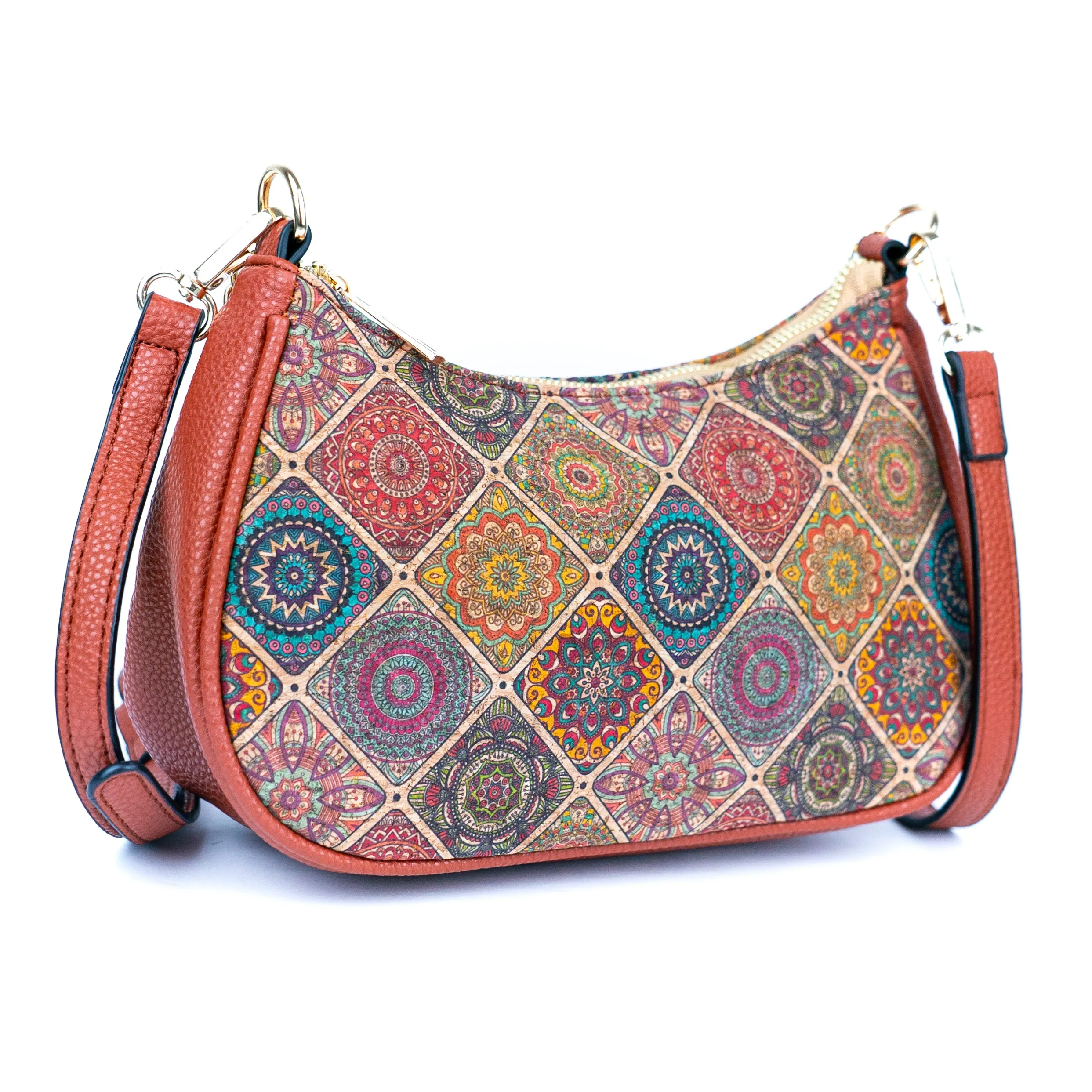 Bohemian Chic Printed Cork & Brown PU Leather Crossbody Bag BAG-2336