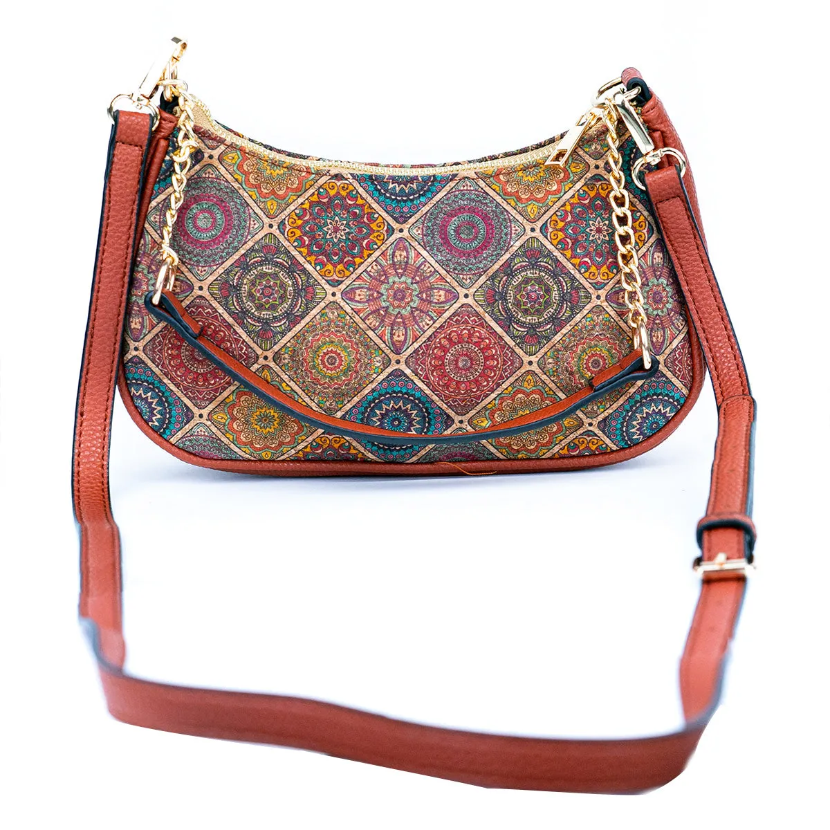 Bohemian Chic Printed Cork & Brown PU Leather Crossbody Bag BAG-2336