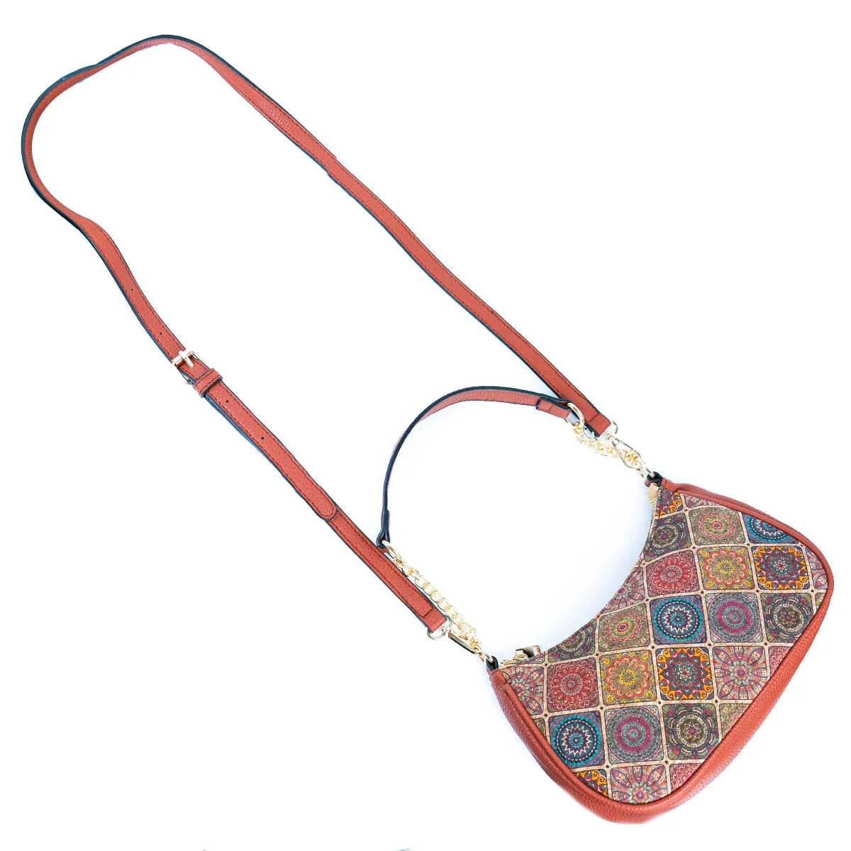 Bohemian Chic Printed Cork & Brown PU Leather Crossbody Bag BAG-2336