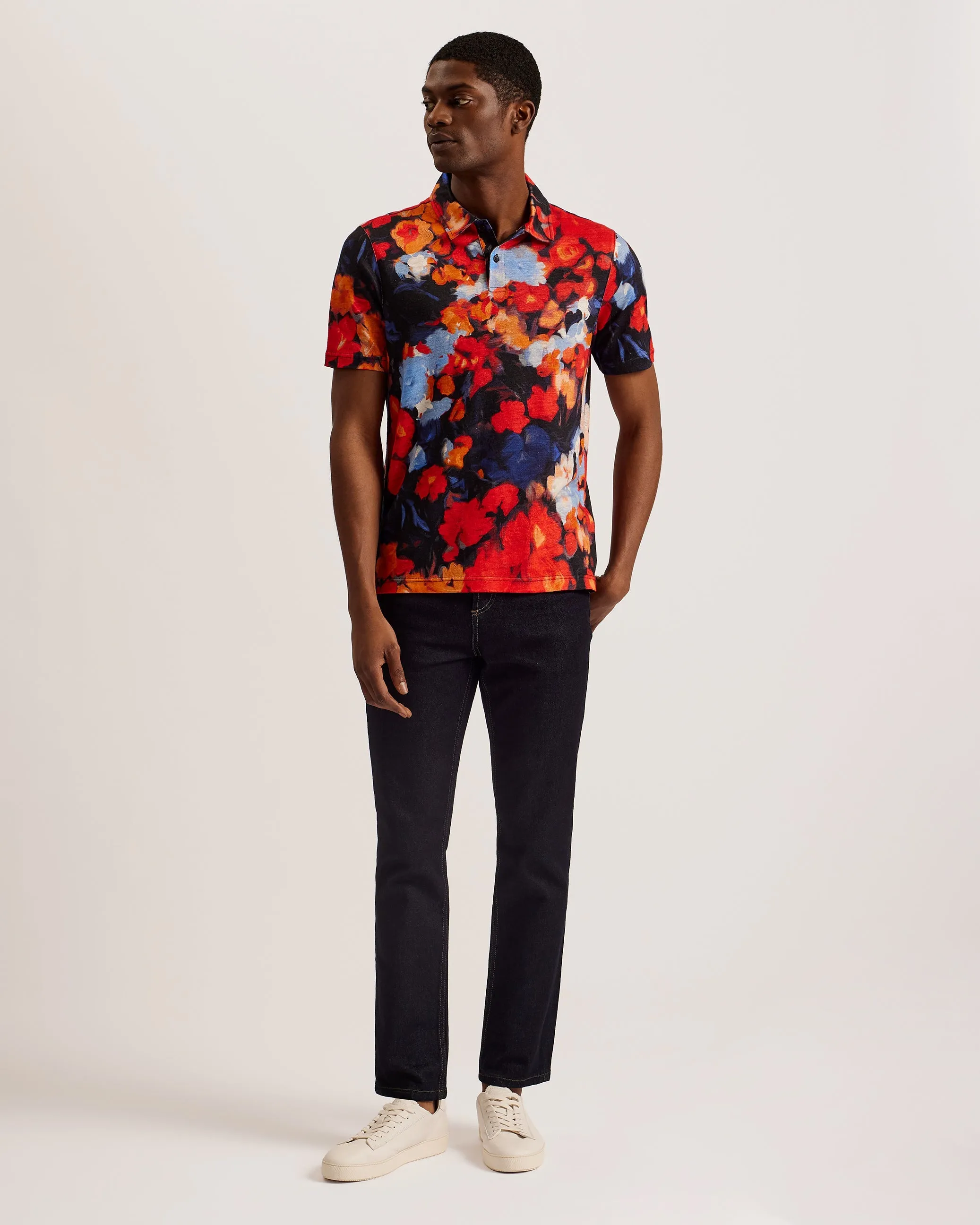 Darly Ss Regular Floral Linen Printed Polo Red