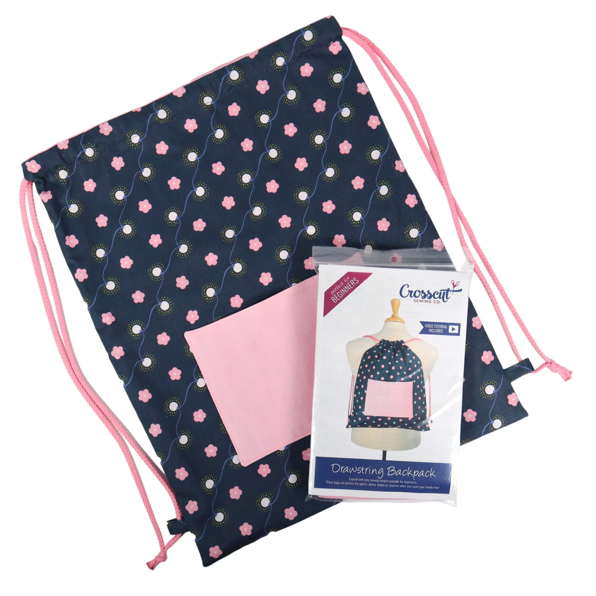 Drawstring Backpack Sewing Kit  - Navy & Pink Floral