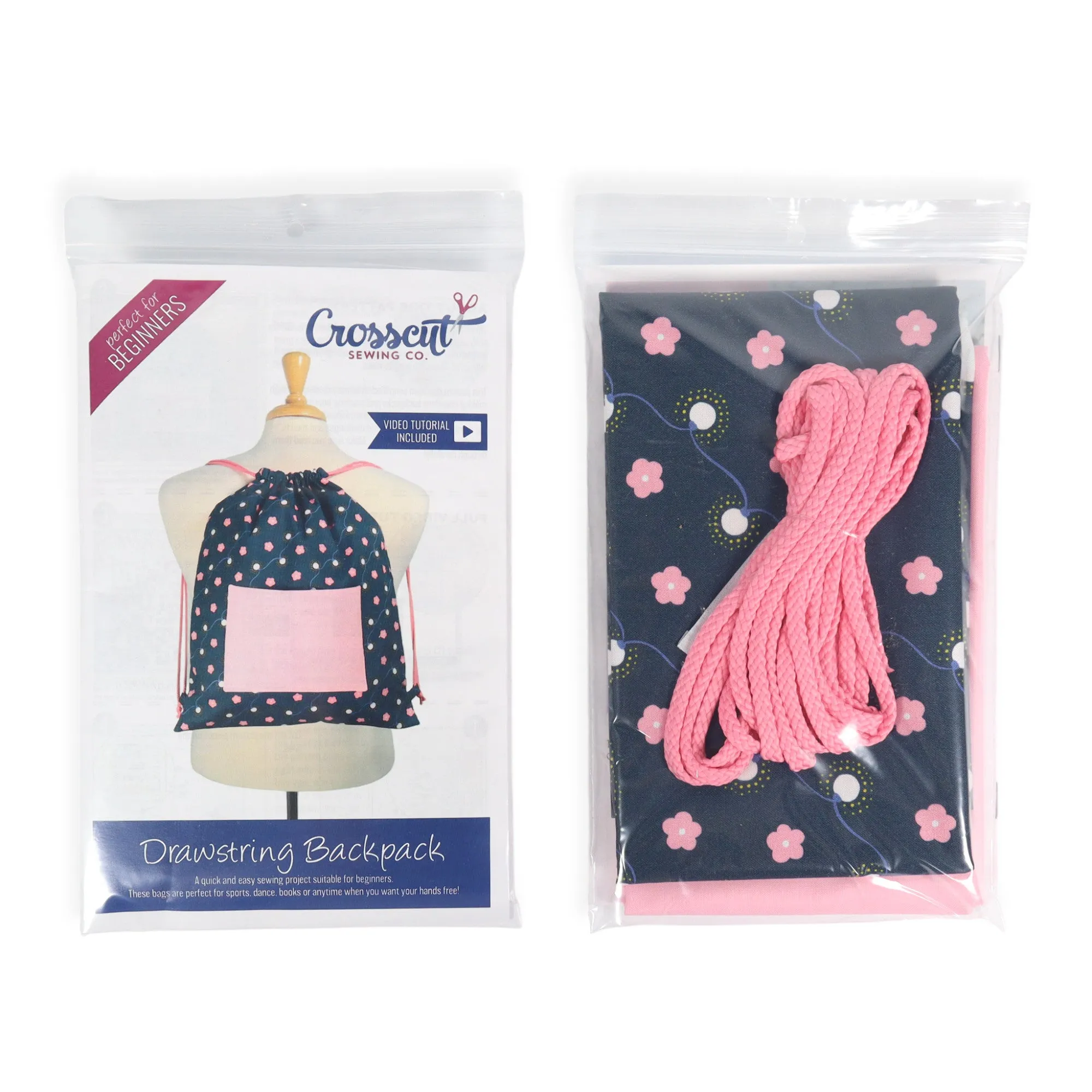 Drawstring Backpack Sewing Kit  - Navy & Pink Floral