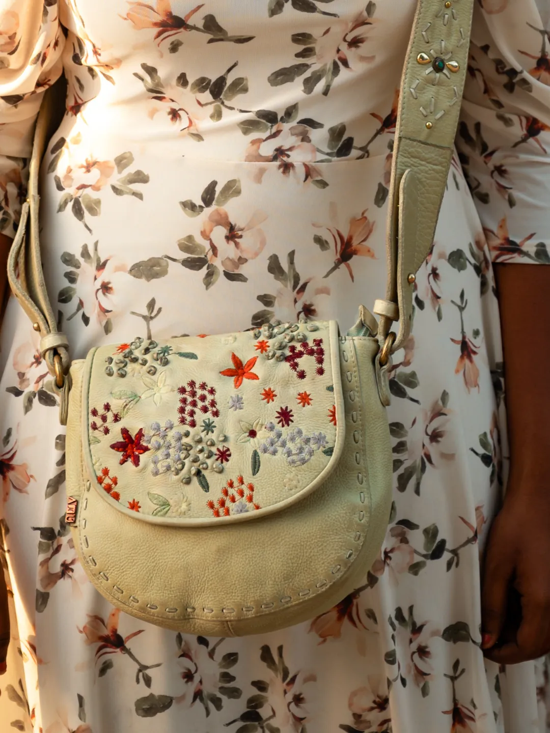 Floral Bliss: L.Green Leather Crossbody bag with Flower Embroidery