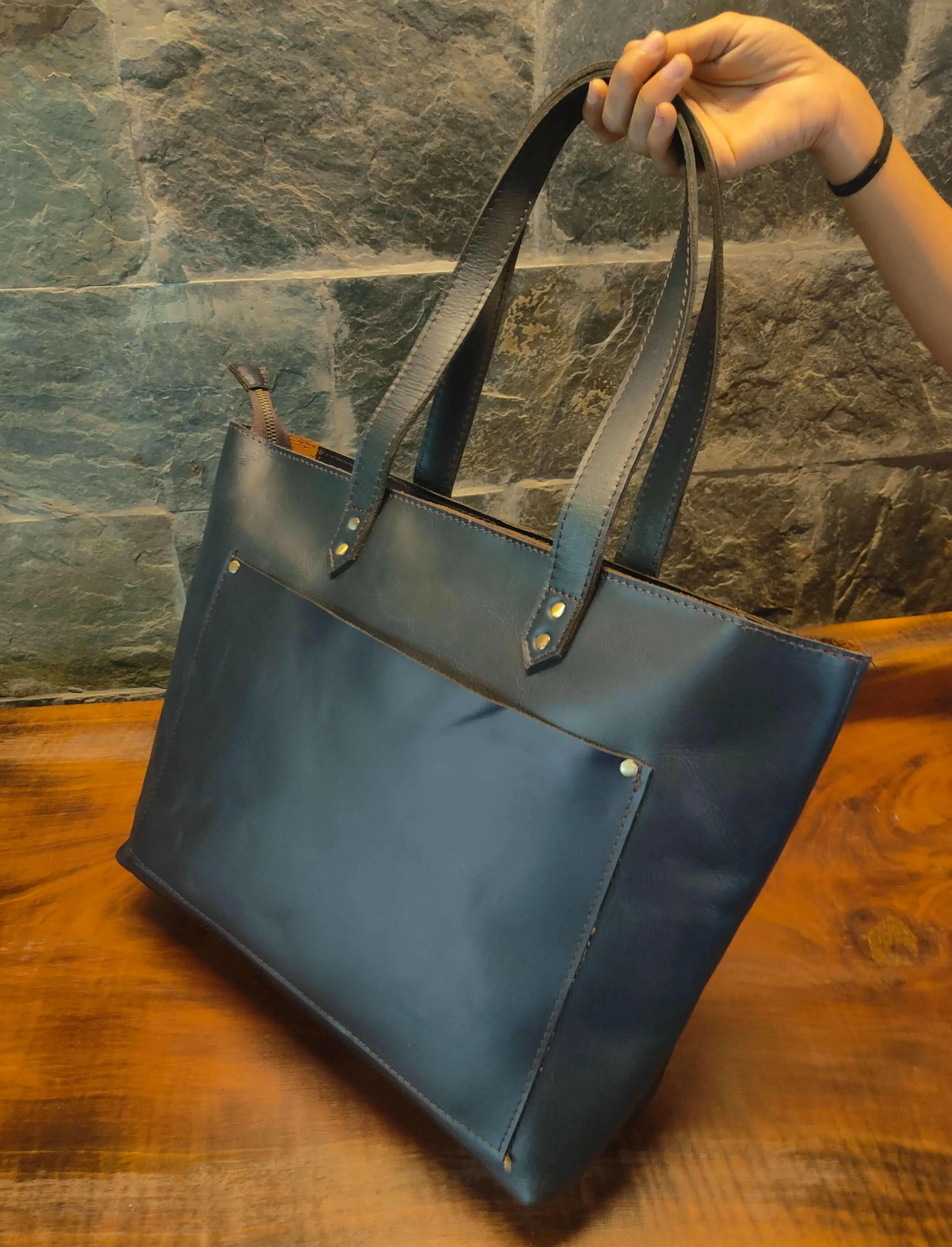 Genuine Leather Tote Bag with Zipper for Women 