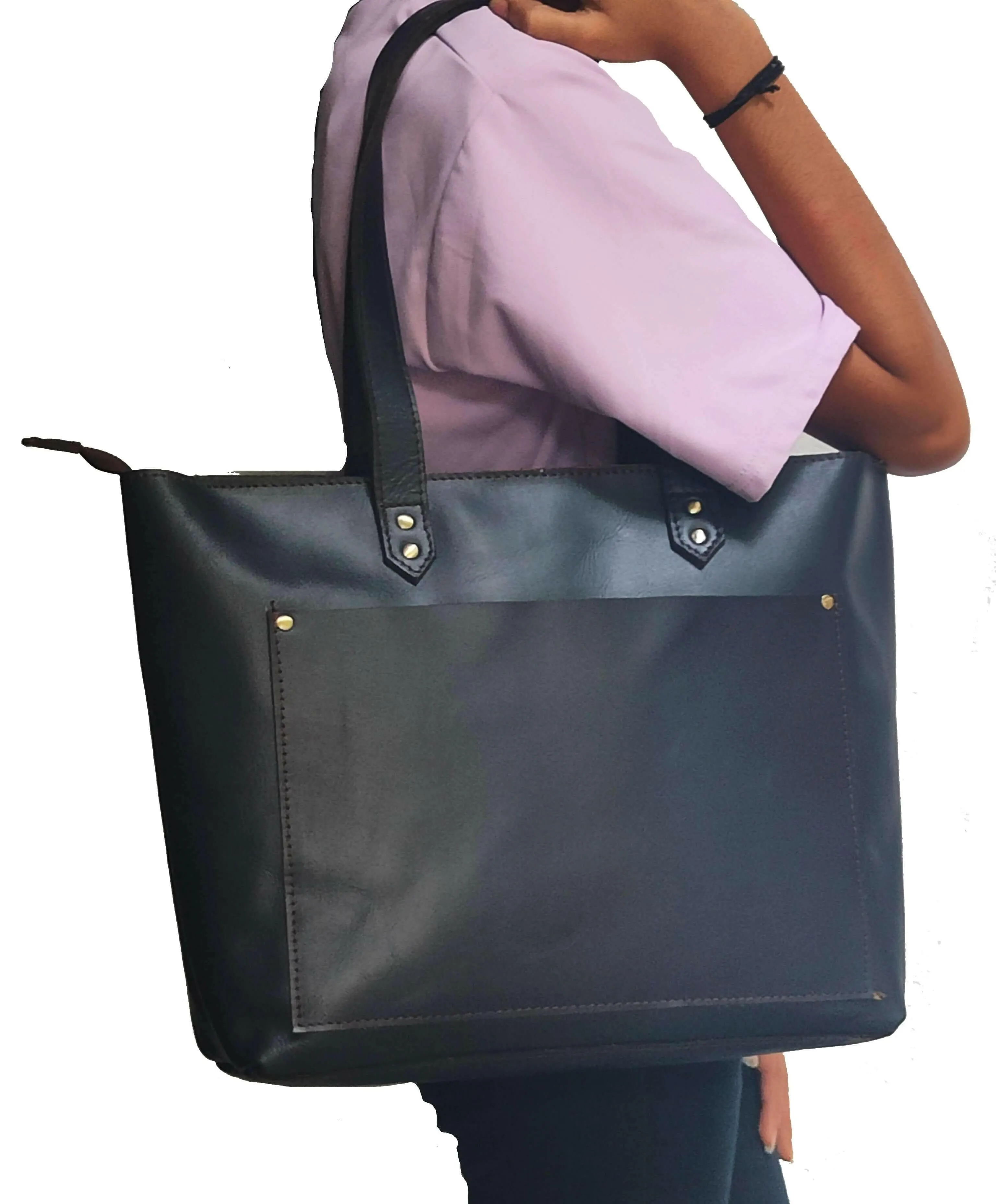 Genuine Leather Tote Bag with Zipper for Women 