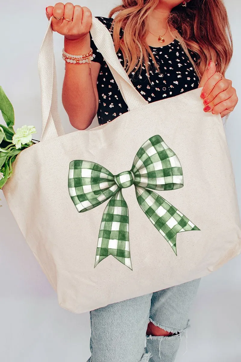 Green Gingham Bow Canvas Jumbo Tote