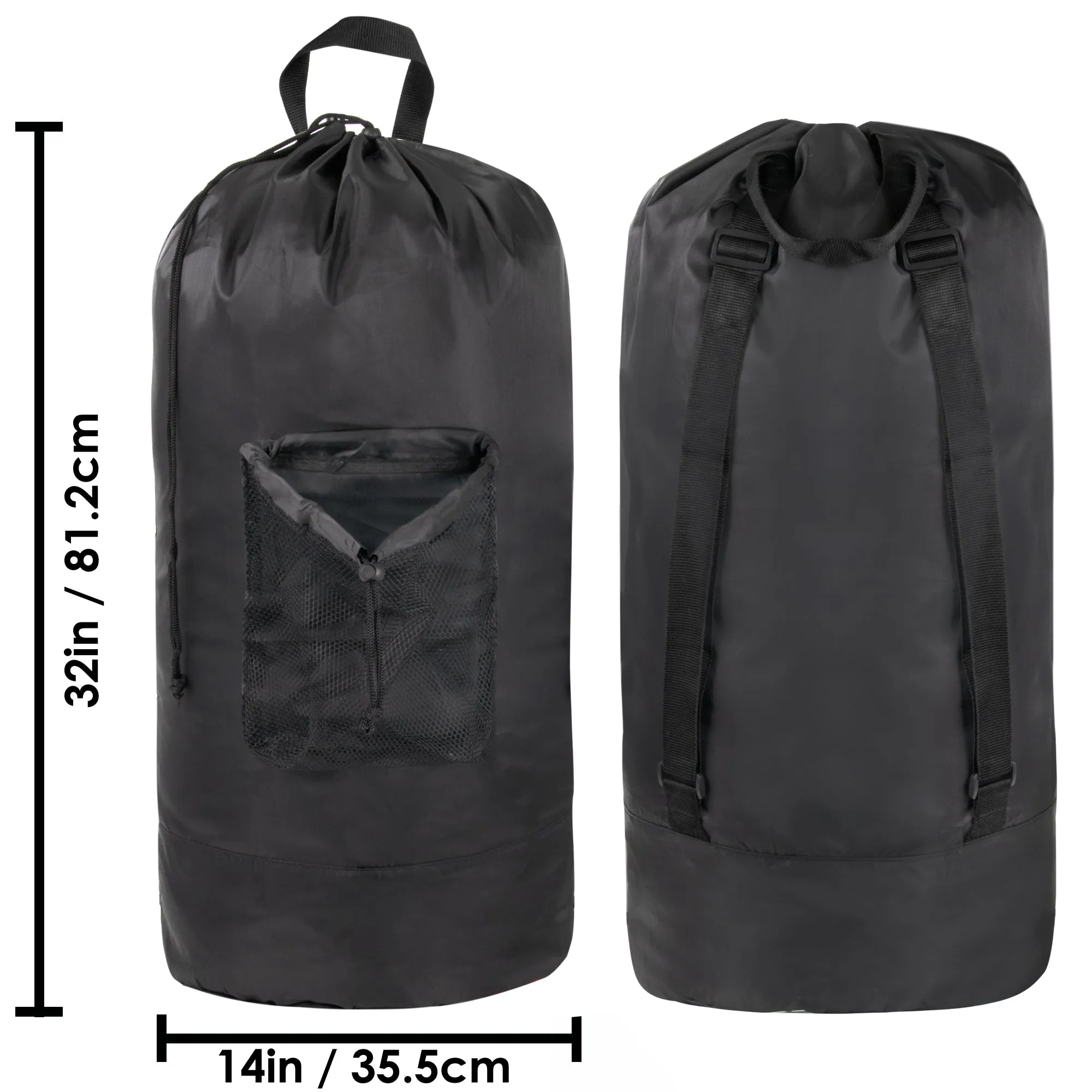 Laundry Bag Backpack with Front Mesh Pocket - Black