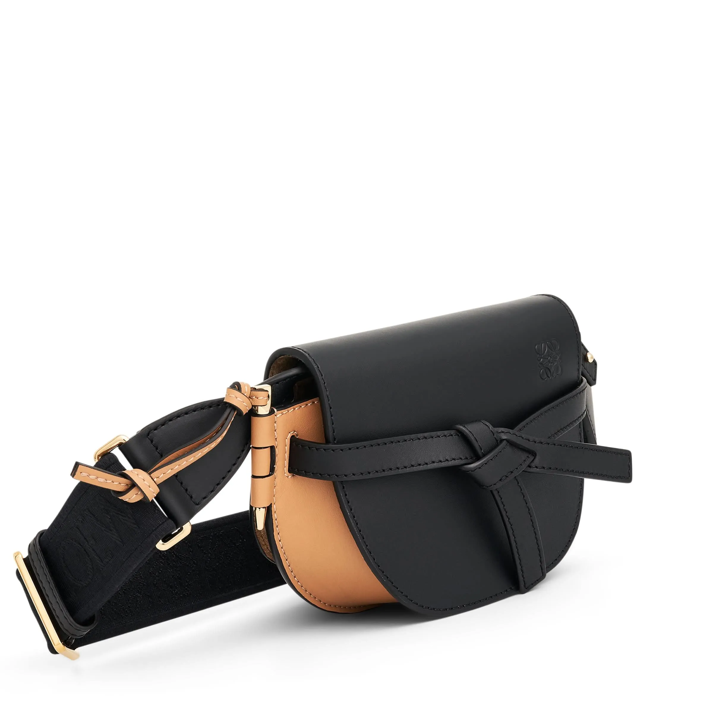 Mini Gate Dual Bag in Soft Calfskin and Jacquard Strap in Black/Warm Desert