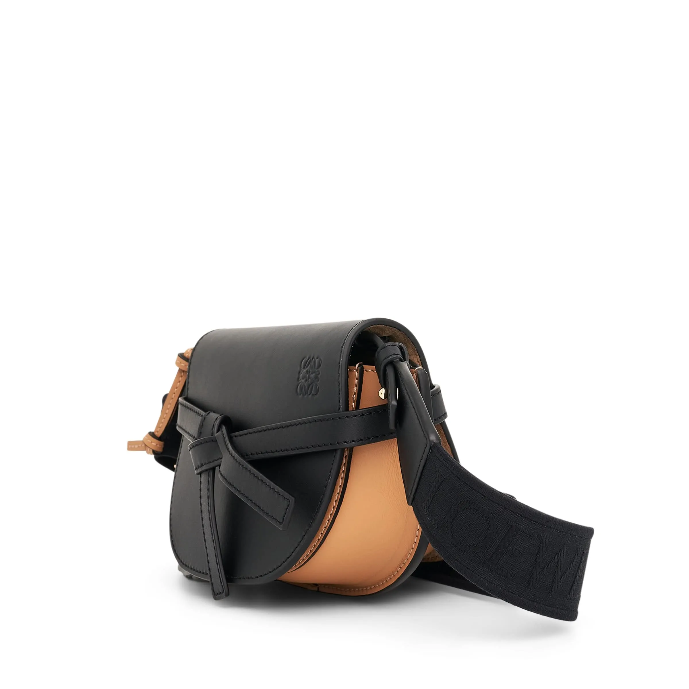 Mini Gate Dual Bag in Soft Calfskin and Jacquard Strap in Black/Warm Desert