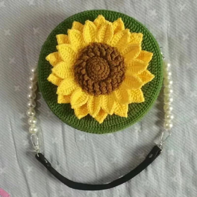 Sohiwoo Handmade crochet handbag, shoulder bag, sunflower pattern, exquisite and practical mesh lining, not deformed