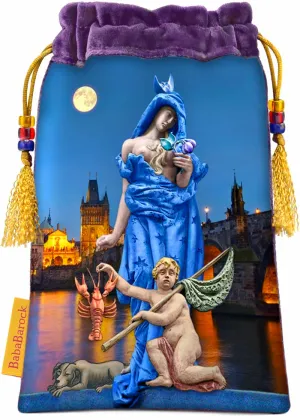 The Moon, Tarot of Prague - drawstring bag in purple silk velvet